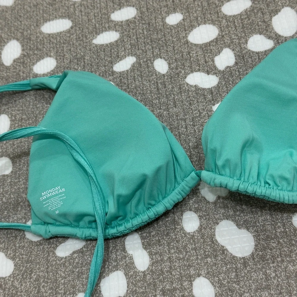 NWT Monday Swimwear bikini top Kauai turquoise wide rib open back triangle
